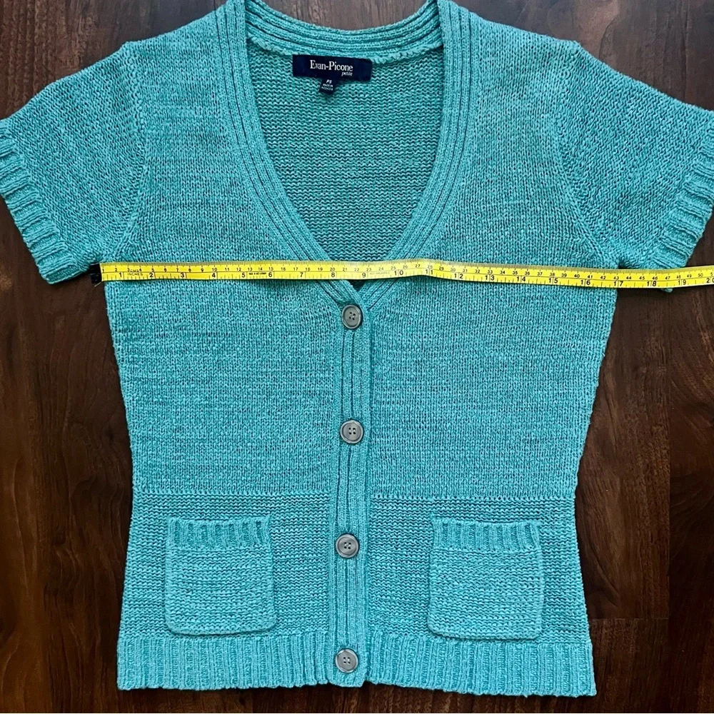 Evan Picone Fitted Cardigan Short Sleeve Sweater Top Teal Blouse Petite Small - Picture 3 of 6